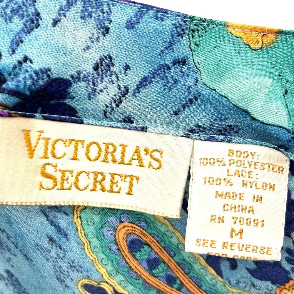 Victoria’s Secret Mini Slip Dress M Gold Label Satin/Lace Gown Blue Floral VTG